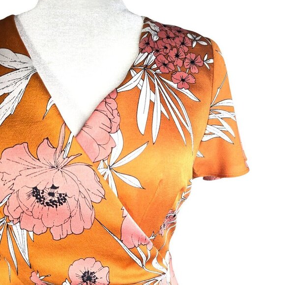 Express Faux Wrap Floral Rust Mustard Yellow Sexy Back Fit & Flare Mini Dress - Picture 6 of 9